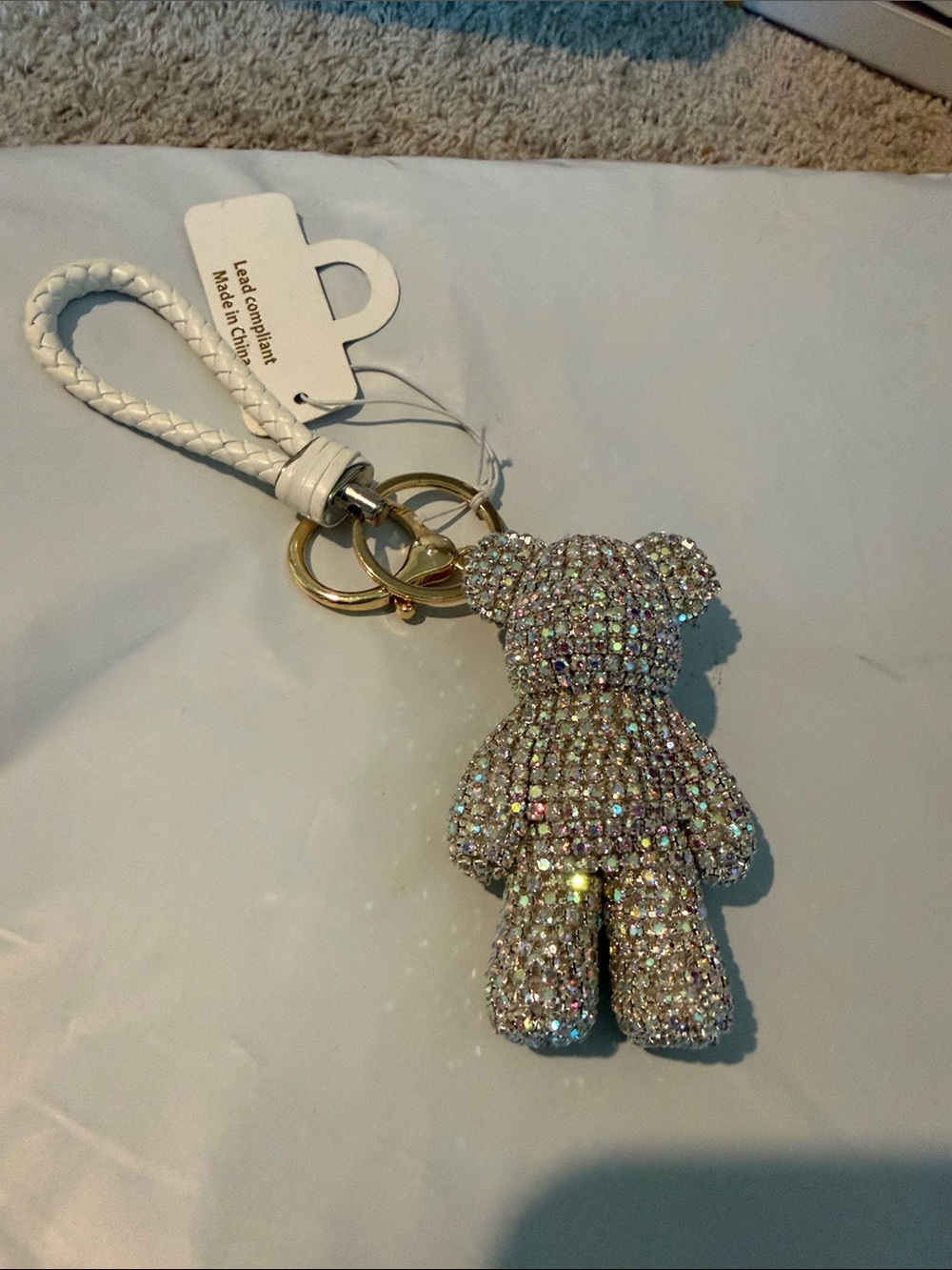 Crystal Teddy Bear Keychain Wristlet - White Bag Charm